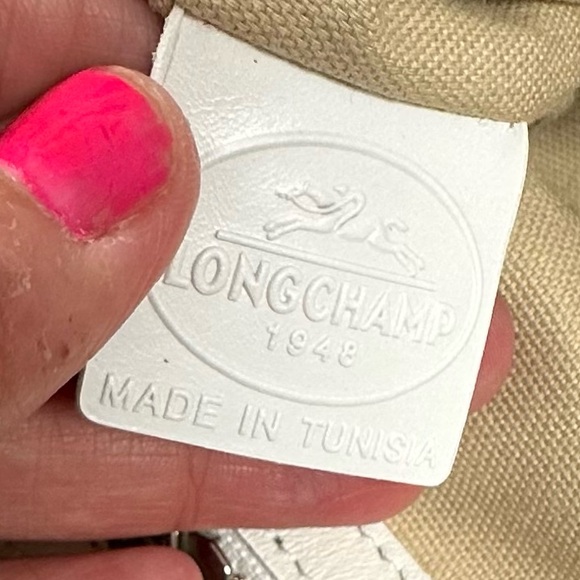 Longchamp • LM Cuir Embossed Logo Metal Luggage Tag White Double Shoulder RARE - Picture 10 of 14